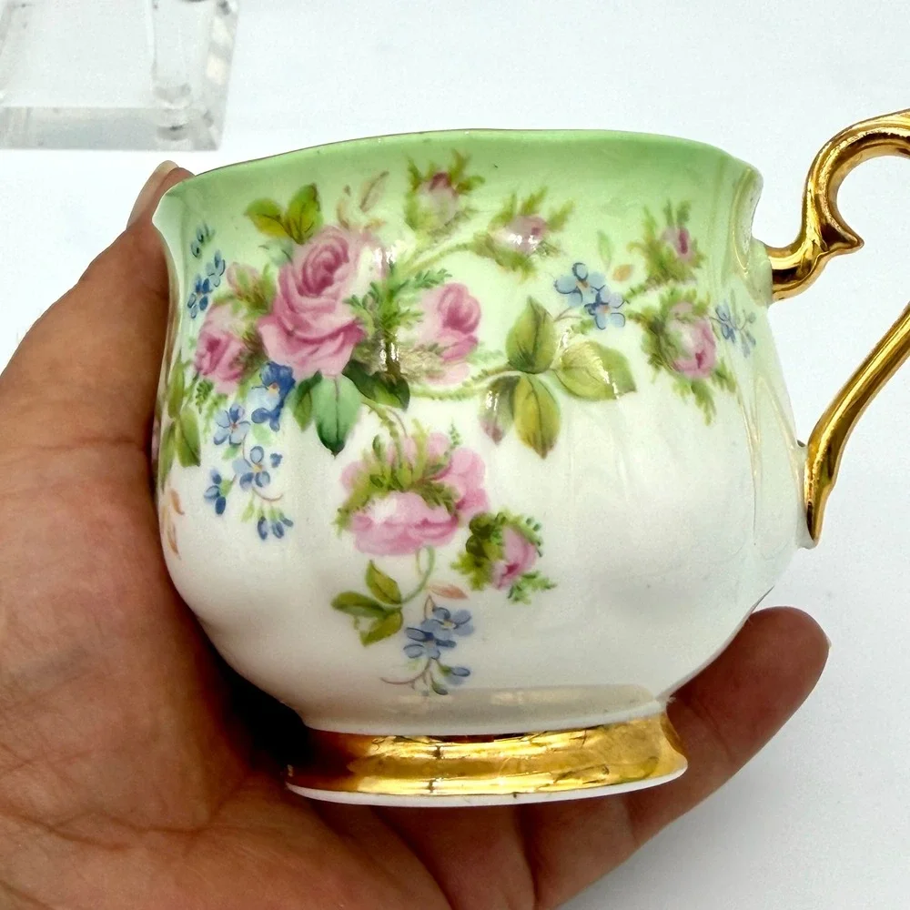 Royal Albert Teacup Saucer Bone China Vintage Green Pink Gold Tone